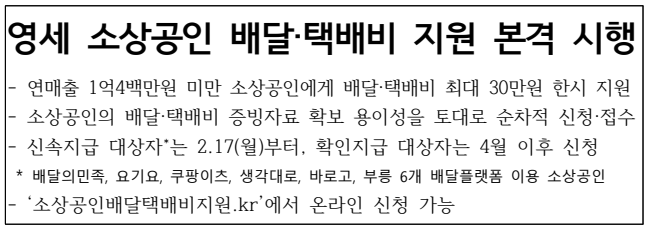 영세 소상공인 배달·택배비 지원 본격 시행